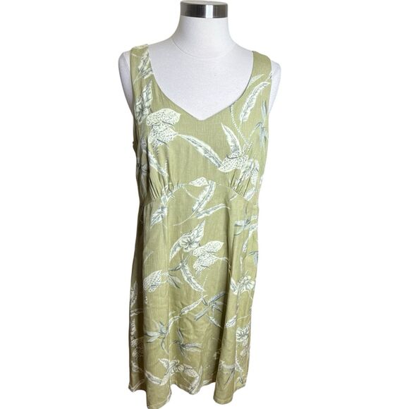 3/$30 Aloha Hut Hawaii Dress Womens Large Green Leaf Print V Neck Sleeveless - Picture 1 of 8